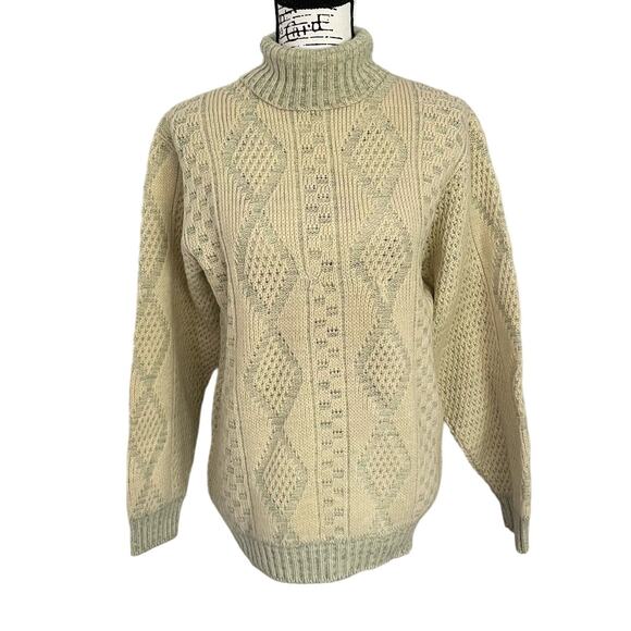 Vintage 1960s Towncraft Penneys Turtleneck Sweater 100% Wool Aran Jumper Sz L - Picture 1 of 10